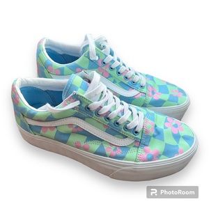Vans Old Skool Stackform Checkerboard Skate Shoe - Blue / Green / Floral